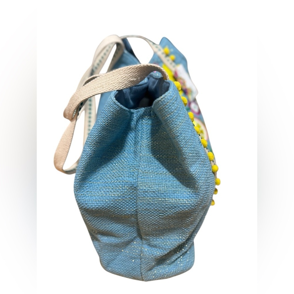 Beach Bag Express Edit Tote-Blue Tropical Embroidered Tote Bag with Pom-Pom Trim - Picture 14 of 16